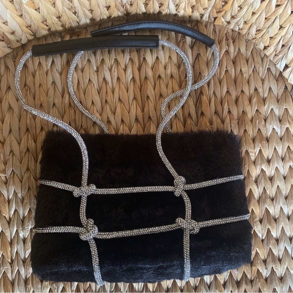 New Rhinestone & Black Faux Fur Mini Handbag